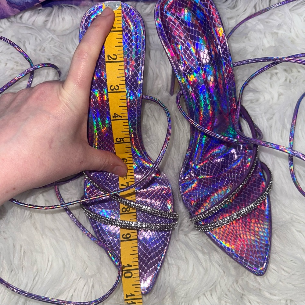 Dolls Kill • Iridescent Pointy Open Toe Wrap Up Stilettos with Rhinestones - Picture 8 of 14